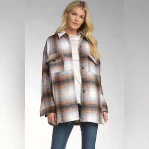 NWT Elan Riley Plaid Jacket Brown Blue Cream Button Front Size L